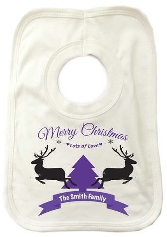 CC07 - Personalised Merry Christmas Reindeers & Tree with Your Family Name in a ribbon Baby Bib