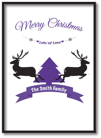 CC07 - Personalised Christmas Reindeers and Tree with (Your Family Name) inserted in ribbon Print