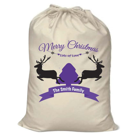 CC07 - Personalised Christmas Reindeers & Tree with Your Family Name in the ribbon Santa Sack