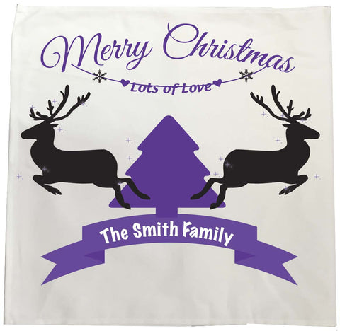 CC07 -Personalised Christmas Reindeers & Tree with Your Family Name in a ribbon Tea Towel