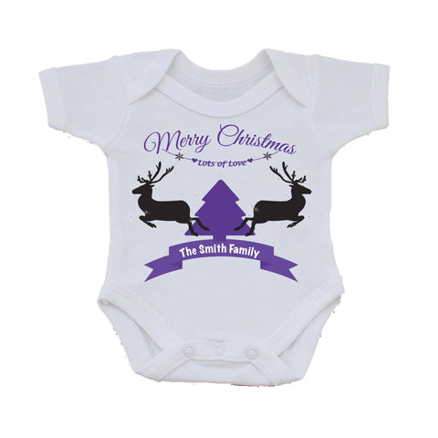 CC07 - Personalised Christmas Reindeers & Tree with Your Family Name in a ribbon on Baby Vest