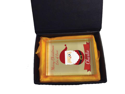 CC08 - Personalised Christmas Cute Santa with Name inserted on a Crystal Block & Gift Box