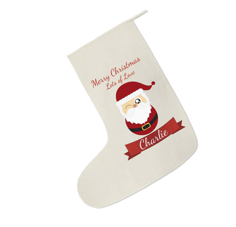 CC08 - Personalised Christmas Cute Santa with Name inserted on a Canvas Santa Stocking