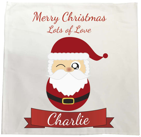 CC08 - Personalised Christmas Cute Santa with Name inserted on a Tea Towel. Change the name to suit.