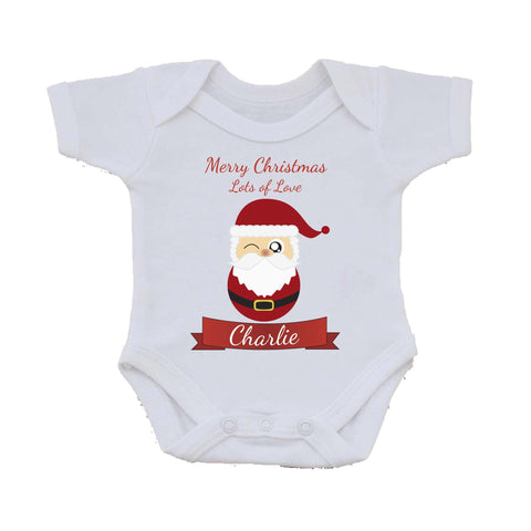 CC08 - Personalised Christmas Cute Santa with Name inserted on a Baby Vest