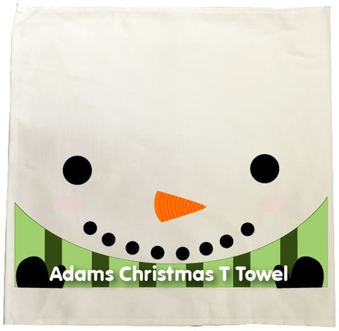 CM02 - Happy Smiley Snowman Christmas Personalised Tea Towel