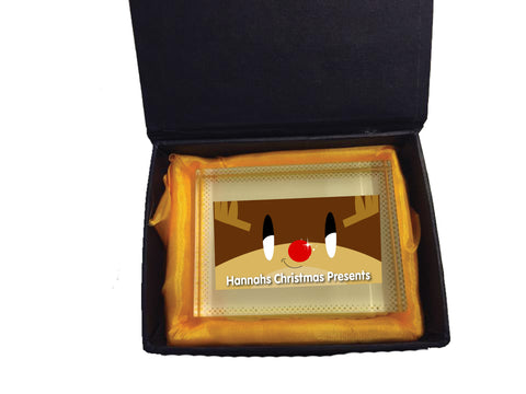 CM03 - Happy Smiley Reindeer Christmas Personalised Crystal Block with Presentation Gift Box