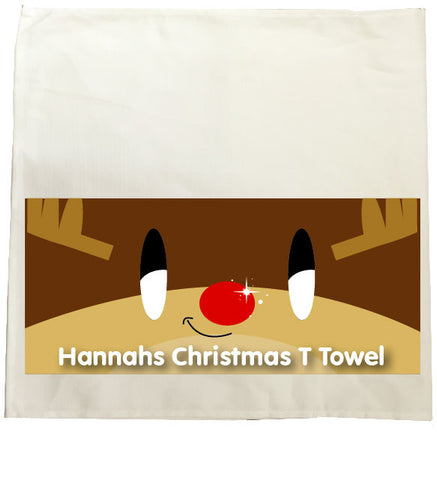 CM03 - Happy Smiley Reindeer Christmas Personalised Tea Towel