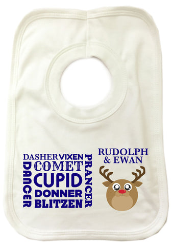 CM06 - Personalised Round Rudolf & Reindeer Names Christmas Baby Bib