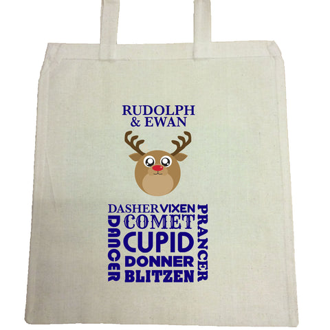 CM06 - Personalised Round Rudolf & Reindeer Names Christmas Canvas Bag for Life