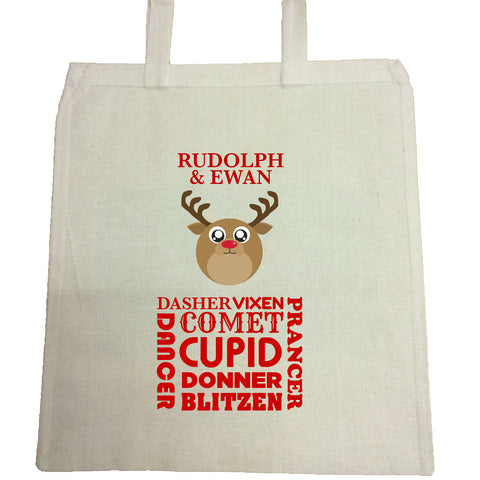 CM06 - Personalised Round Rudolf & Reindeer Names Christmas Canvas Bag for Life