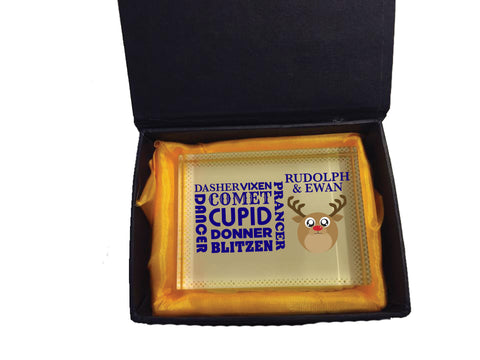 CM06 - Personalised Round Rudolf & Reindeer Names Christmas Crystal Block with Presentation Gift Box