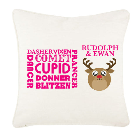 Personalised Round Rudolf & Reindeer Names Christmas Canvas Cushion Cover