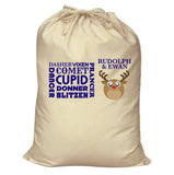 CM06 - Personalised Round Rudolf & Reindeer Names Christmas Canvas Santa Sack