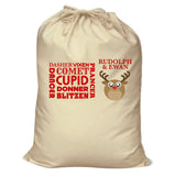 CM06 - Personalised Round Rudolf & Reindeer Names Christmas Canvas Santa Sack