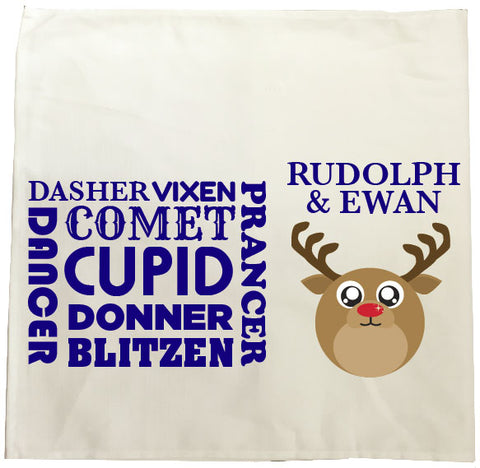 CM06 - Personalised Round Rudolf & Reindeer Names Christmas Tea Towel