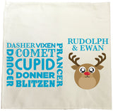 CM06 - Personalised Round Rudolf & Reindeer Names Christmas Tea Towel