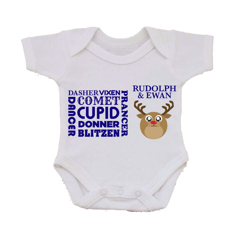 CM06 - Personalised Round Rudolf & Reindeer Names Christmas Baby Vest