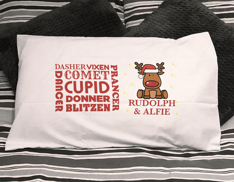 CM07 - Personalised Rudolf & Reindeer Names Christmas Pillow Case Cover