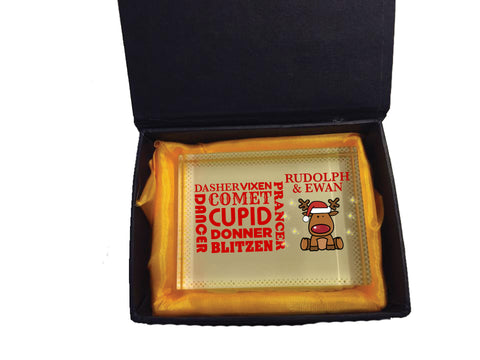 CM07 - Personalised Rudolf & Reindeer Names Christmas Crystal Block with Presentation Gift Box