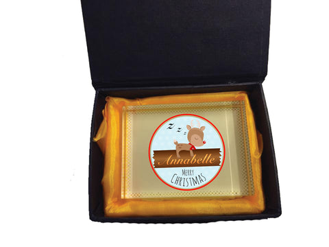 CM10 - Personalised Sleeping Reindeer Christmas Crystal Block with Presentation Gift Box