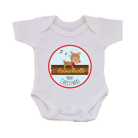 CM10 - Personalised Sleeping Reindeer Christmas Baby Vest