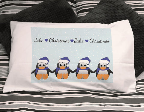 CM15 - Personalised Family of Penguins Christmas White Pillow Case Cover