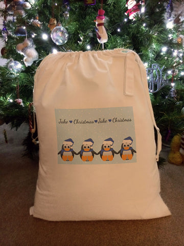 CM15 - Personalised Family of Penguins Christmas Santa Sack