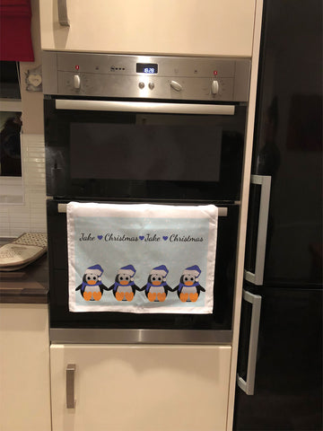 CM15 - Personalised Family of Penguins Christmas Tea Towel
