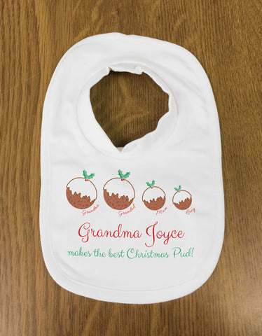 CT02 - Grandma Christmas Puddings Personalised Baby Bib
