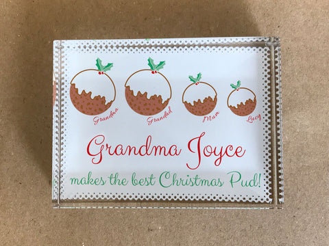 CT02 - Grandma Christmas Puddings Personalised Crystal Block with Presentation Gift Box