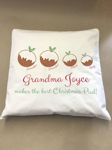 Grandma Christmas Puddings Personalised Canvas Cushion Cover