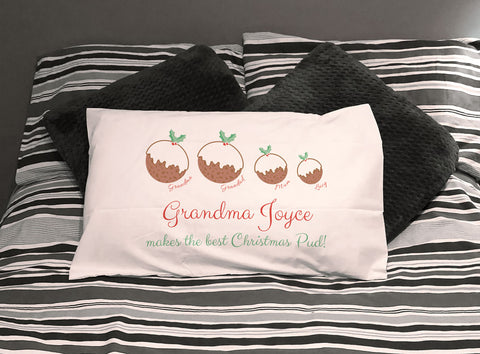 CT02 - Grandma Christmas Puddings Personalised White Pillow Case Cover