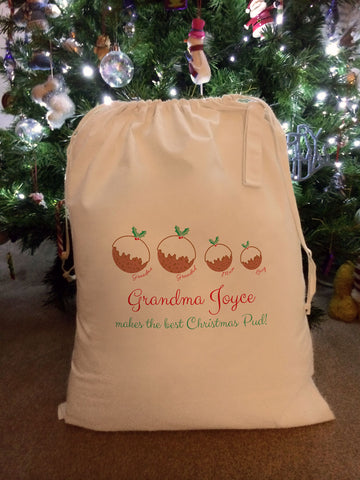 CT02 - Grandma Christmas Puddings Personalised Canvas Santa Sack