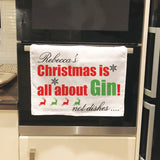 CT03 - Personalised Christmas Is All About Gin, Vodka, Beer, Wine Tea Towel