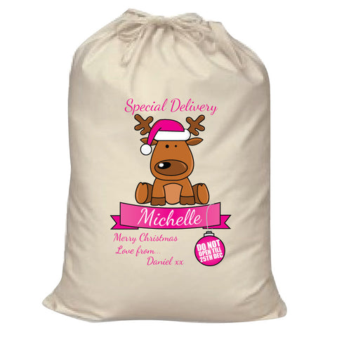 SS15 - Special Delivery Santa's Reindeer Personalised Christmas Pink Santa Sack