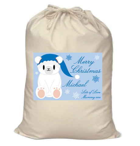 SS07 - Cute Blue Polar Bear Personalised Christmas Santa Sack