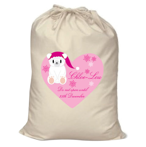 SS05 - Cute Polar Bear Girls Heart Canvas Personalised Christmas Santa Sack