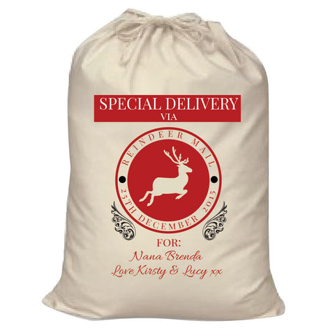 SS14 -   Special Delivery Via Reindeer Mail Solid Colour Personalised Christmas Santa Sack