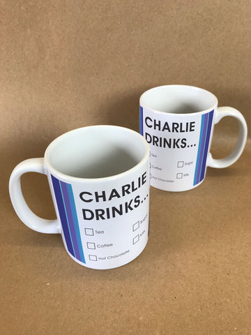 CM19 - Names Drinks then choose their choices Personalised Mug & White Gift Box