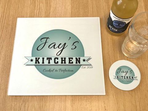 Personalised Family or Friends Kitchen Glass Chopping Board, Placemats and Coasters