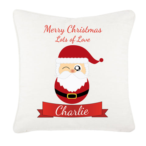 Personalised Christmas Cute Santa with Name inserted Canvas Cushion Cover