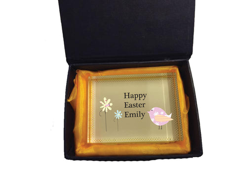 EA11 - Personalised Flowers & Chick Easter Crystal Block with Presentation Gift Box