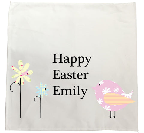EA11 - Personalised Flowers & Chick Easter Canvas Tea Towel