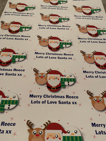 Personalised Christmas Wrapping Paper with Cute Santa, Snowman & Reindeer for Boys & Girls