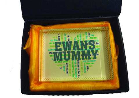 MO16 - Heart Shaped (Child's Name) Mummy Personalised Glass Crystal Block with Presentation Gift Box