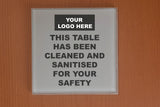 Branded Safety Glass Coasters for Restaurants & Bars 'Table has been cleaned & sanitised for safety'