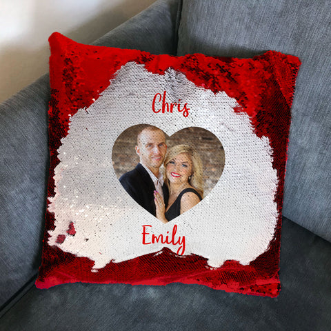 Family Names Your Photo in Heart Personalised Sequin Cushion