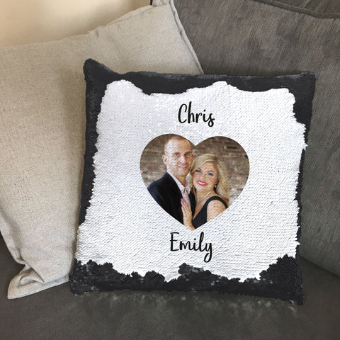 Family Names & Your Photo in Heart Personalised Sequin Cushion Cover