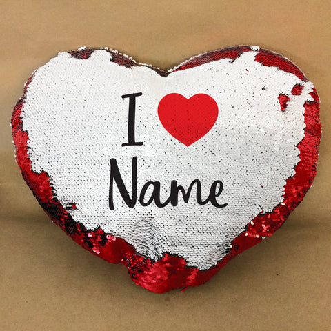 I Love Heart (Any Name) Personalised Heart Shaped Sequin Cushion Cover